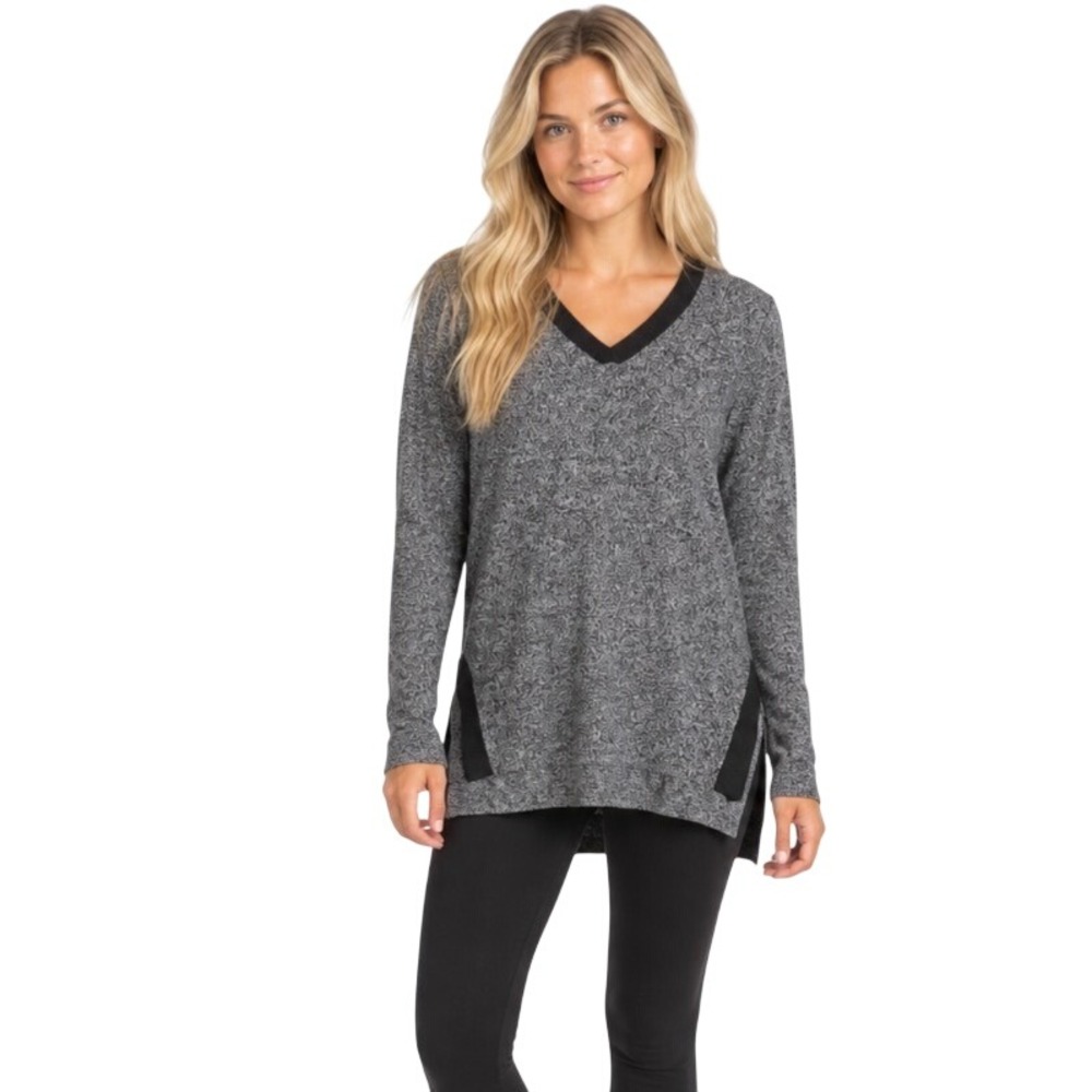 Smartwool Merino Wool Blend V-Neck Tunic Sweater Gray Black Medium